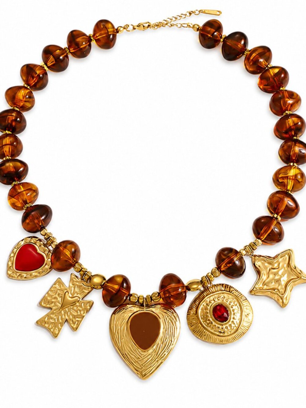 Vintage French Style Amber Beaded Gold Charm Statement Necklace